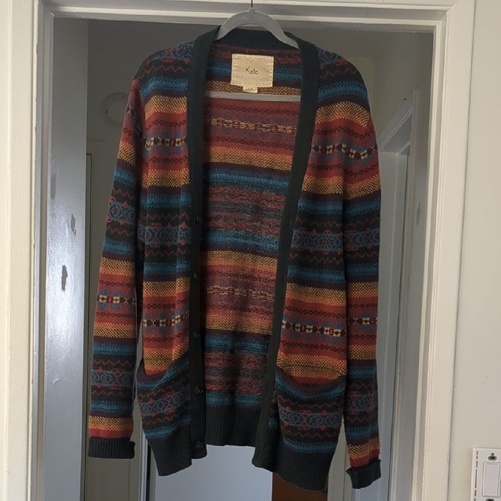 Koto Multicolor Striped Open Cardigan - Rust, Teal & Black